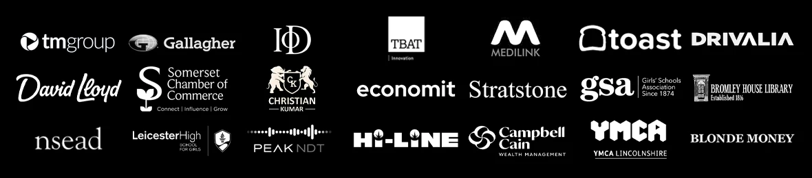 Logos of corporate clients including TM Group, Gallagher, Institute of Directors, TBAT Innovation, Medilink, Drivalia, David Lloyd, Somerset Chamber of Commerce, Economit, Stratstone, GSA, Bromley House Library, NSEAD, Leicester High School, Peak NDT, Hi-Line, Campbell Cain, YMCA and Blonde Money.