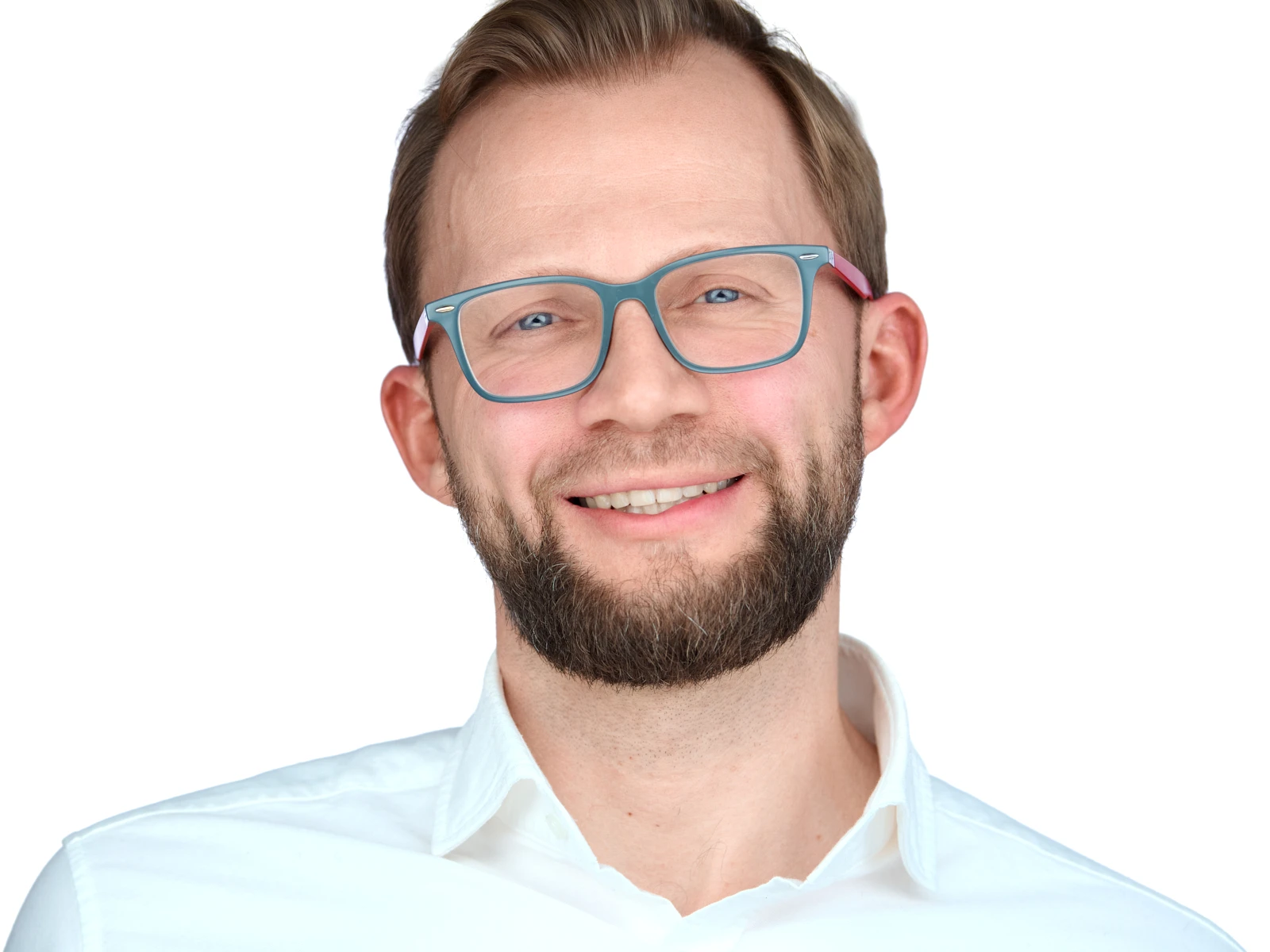 AI professional with approachable expression in grey blazer against a white background.