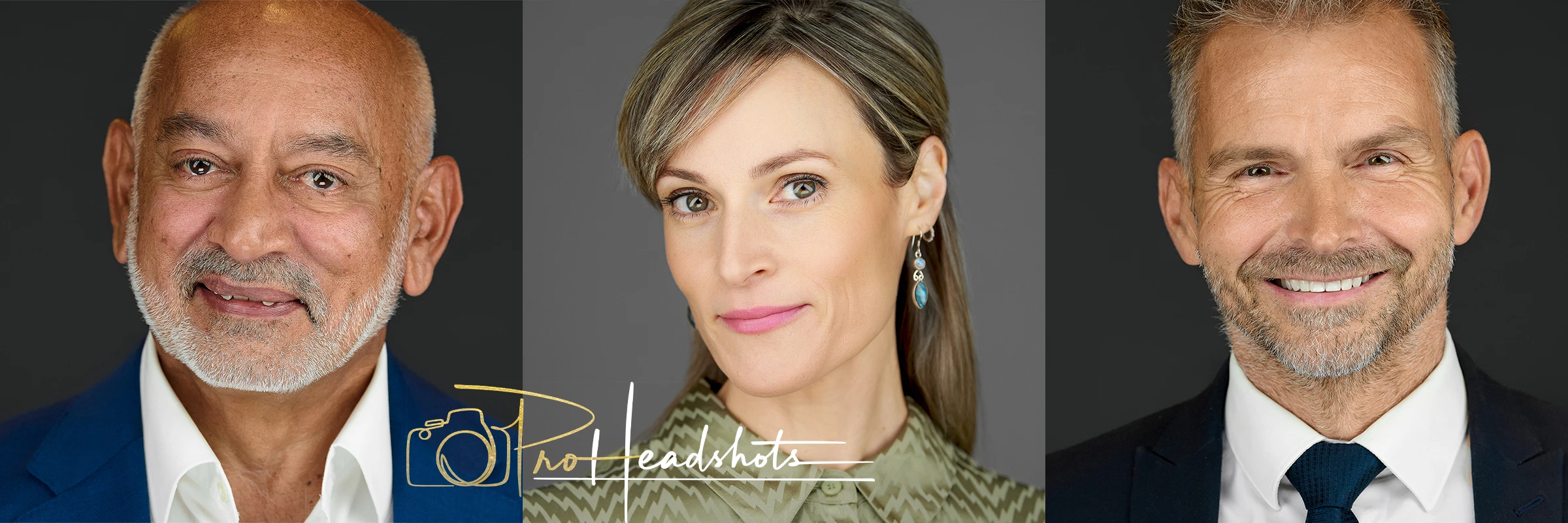 Three professional headshots against dark backgrounds showcasing business professionals - a distinguished man in a blue blazer and white shirt, a stylish woman in a sage green blouse, and a confident man in a dark suit with blue tie. Pro Headshots logo overlaid in gold.