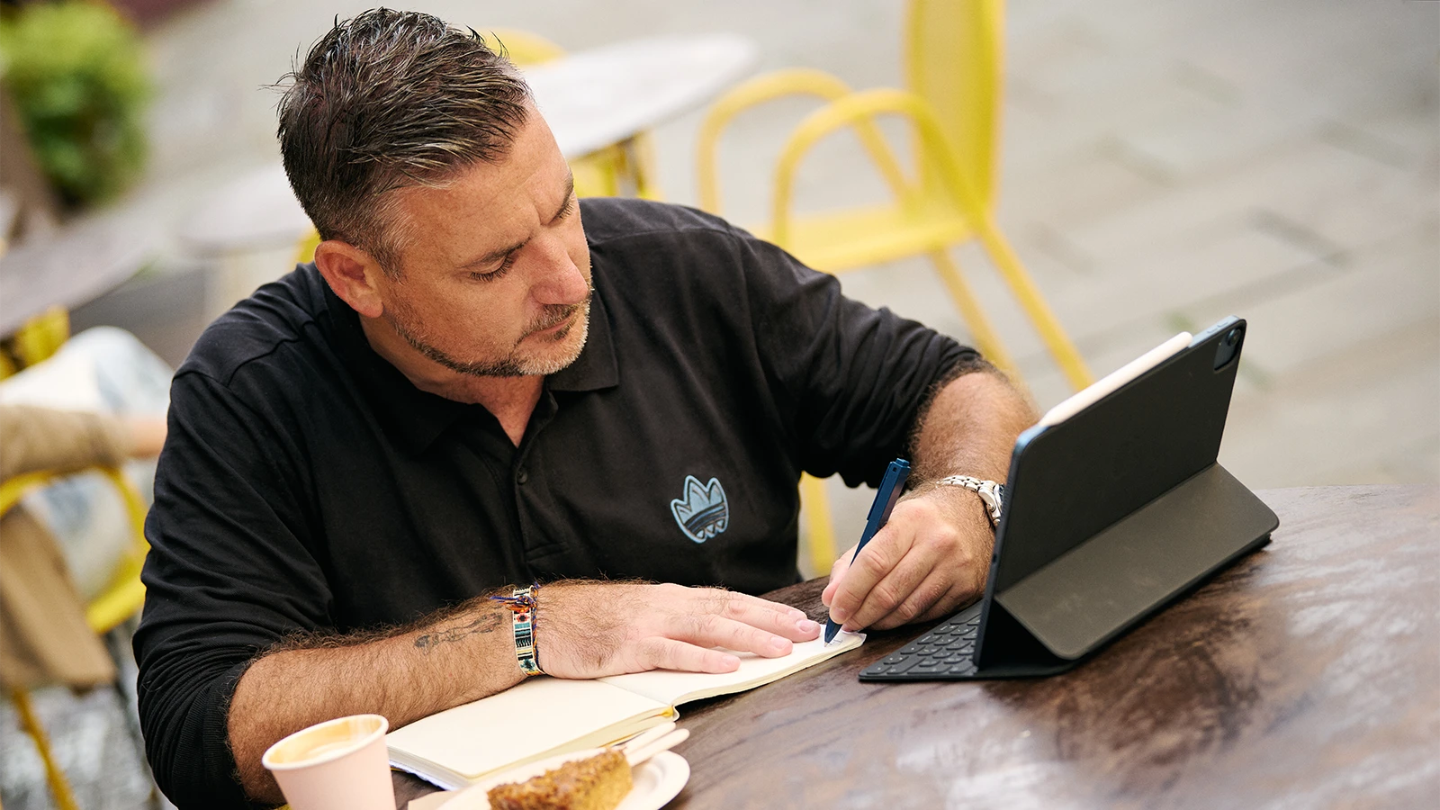 Benjamin White with content creation setup, showing he works from online to coffee shop