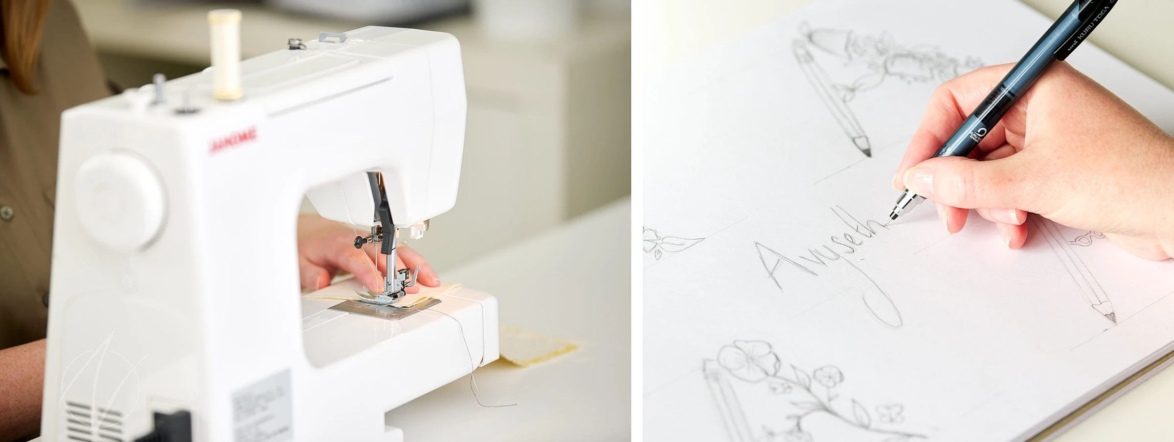 A two-panel image of creative business moments: on the left, hands working at a white sewing machine, and on the right, someone sketching fashion designs in a notebook with a black pen. The images capture both practical skills and creative planning.