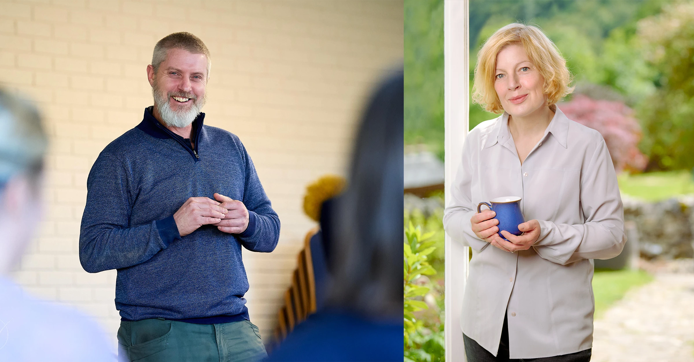 A two-image collage contrasting professional styles: On the left, a businessman in a navy quarter-zip jumper engages warmly with an audience. On the right, a business coach in a beige shirt enjoys a relaxed moment in a garden setting with a blue coffee cup.