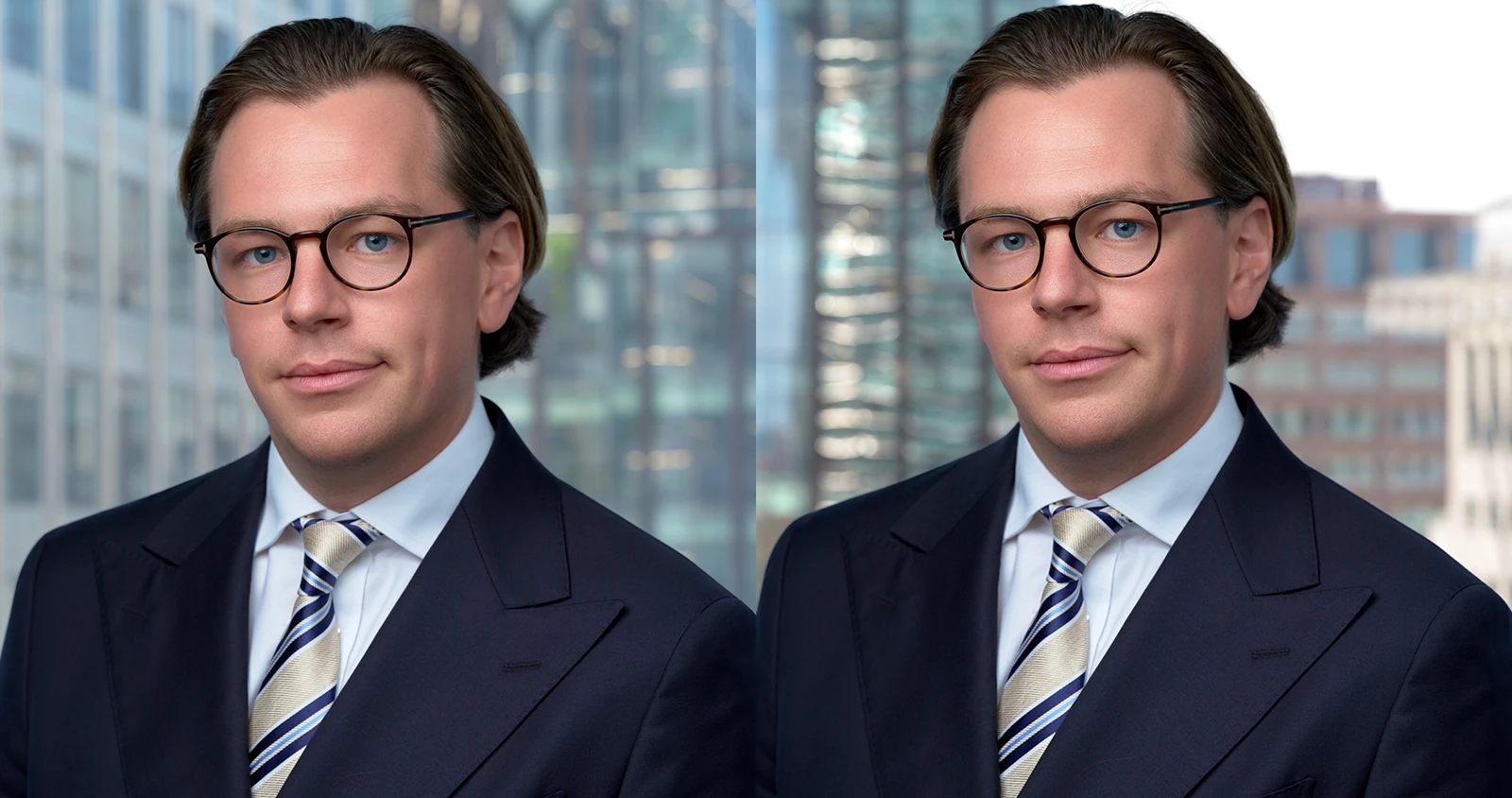 A consistent set of corporate headshots on a brand-specified grey background
