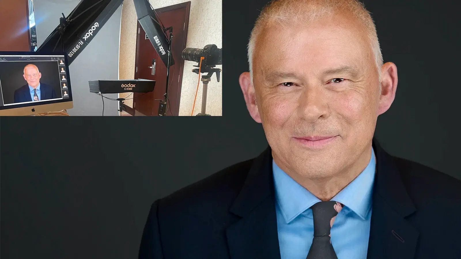 Photographer working with a professional during a mobile office headshot session