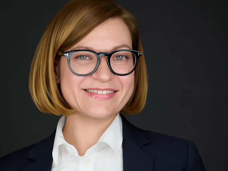 Corporate headshot of a woman in professional attire, natural relaxed expression, dark studio background